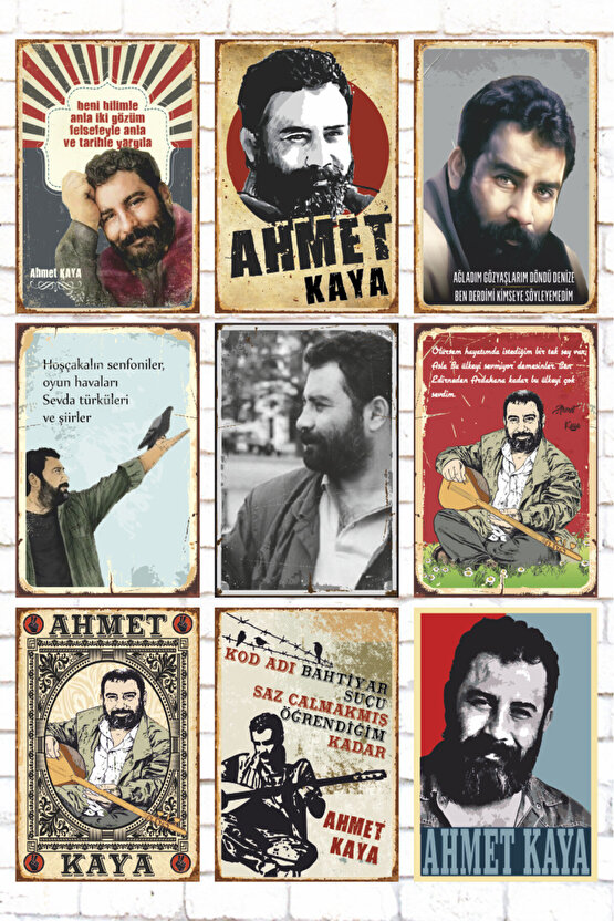 9 Parça Karışık Yazılı Ahşap Tablo Seti Ahmet Kaya retro ahşap posterleri özgün müzik