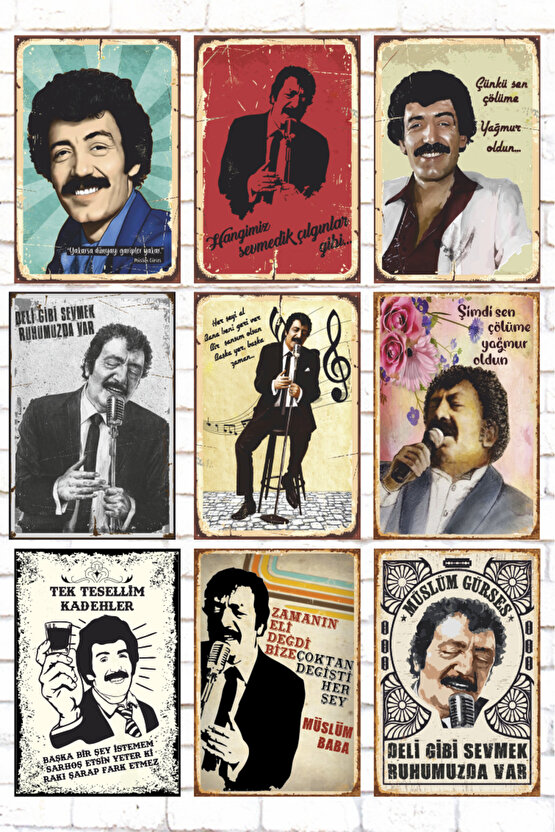 9 Parça Karışık Yazılı Ahşap Tablo Seti arabesk müzik müslüm gürses müslüm baba posterleri