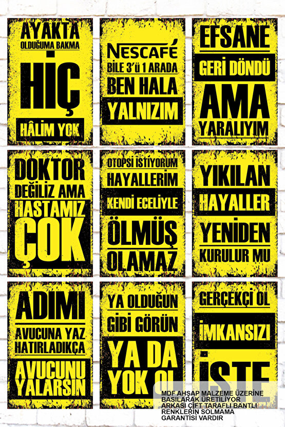 9 Parça Karışık Yazılı Ahşap Tablo Seti sarı zeminli duvar yazıları atarlı komik posterler