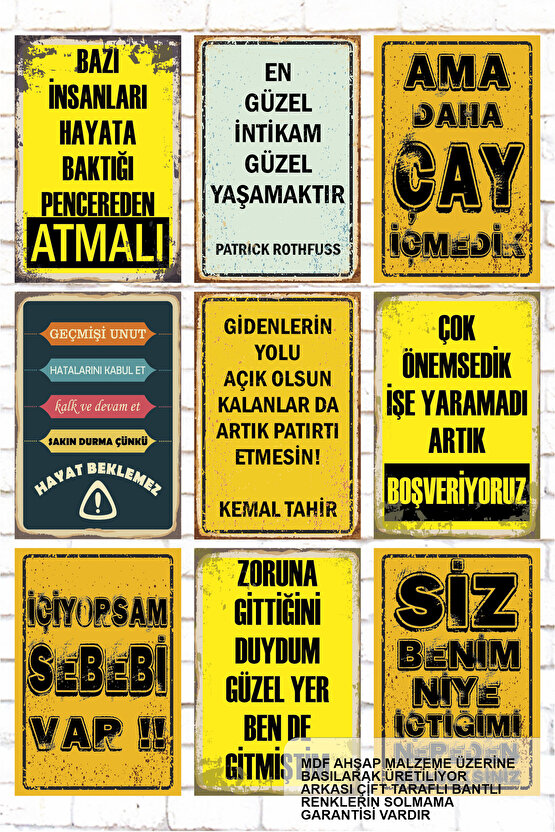 9 Parça Karışık Yazılı Ahşap Tablo Seti atarlı komik kamyon arkası sözler duvar yazıları