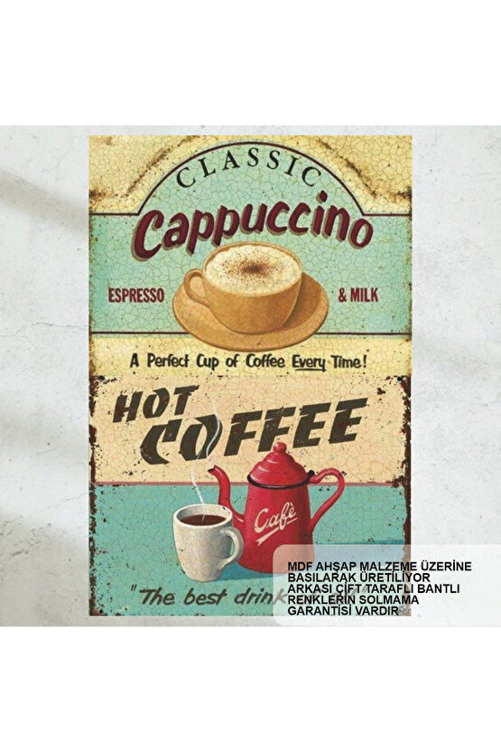 cappuccino espresso kahve ev mutfak kafe dekorasyon vintage nostaljik retro ahşap poster tablo