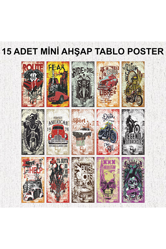 klasik araba ve motor dekorasyon tablo 15 mdf ahşap tablo seti