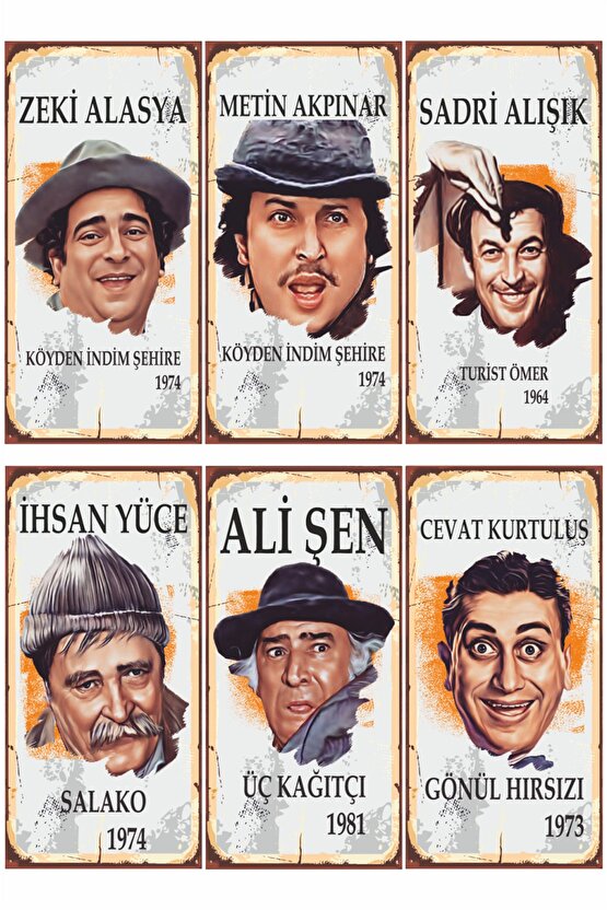 Yeşilçam Zeki Metin Sadri Alışık Ihsan Yüce Ali Şen Cevat Kurtuluş 6lı Mini Retro Ahşap Poster