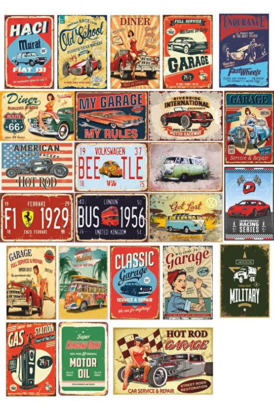 Klasik Arabalar Retro Vintage Klasik Araba Kolaj Seti - 24 Adet - Kuşe Kağıt Kaplamalı Poster Seti