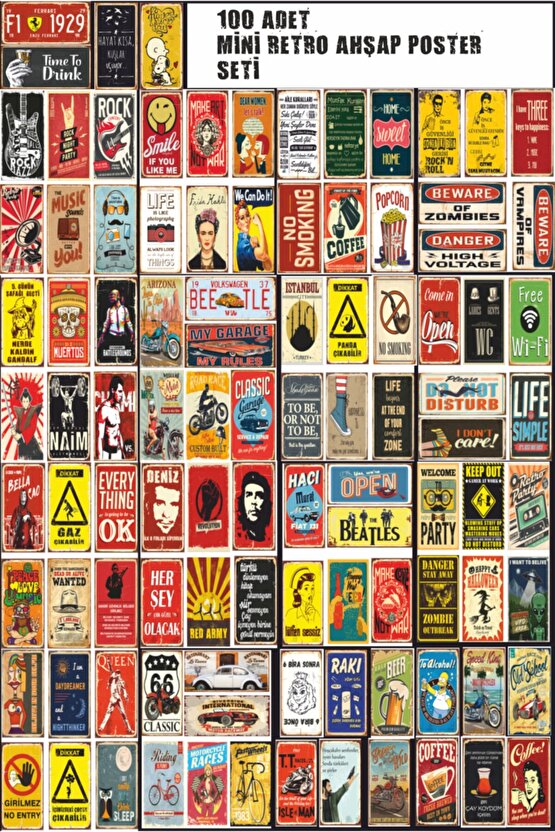 100 Adet Mini Retro Ahşap Poster Seti
