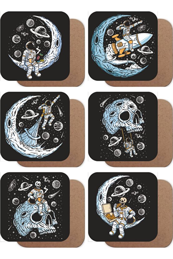 Uzayda Hayat Var, Yalnız Astronot 6lı Ahşap Bardak Altlığı Seti