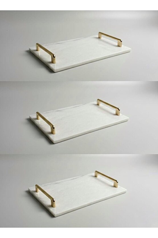 Lüks Beyaz Mermer Sunum Tepsisi Gold Metal Kulplu - Dekoratif Servis Tabağı 30x20 cm