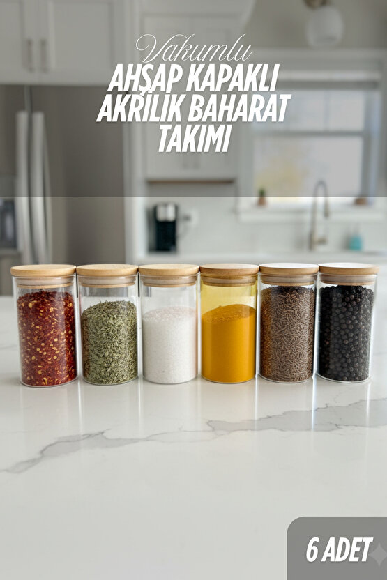 Etiket Hediyeli Ahşap Kapaklı Vakumlu Akrilik Baharatlık Takımı 6 ADET 200 ML
