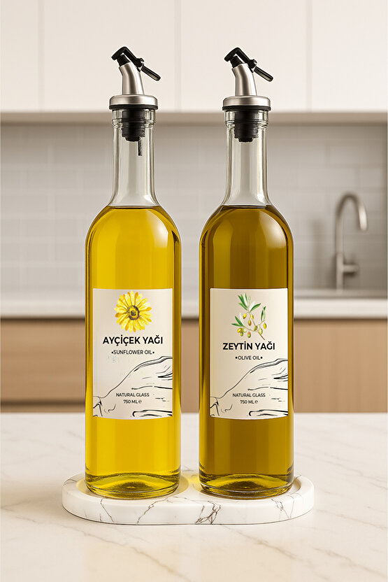 Mermer Desenli Akrilik Standlı 2li Yağ Şişesi 750 ml Zeytinyağ Sıvıyağ Şişesi Şeffaf Cam Yağdanlık