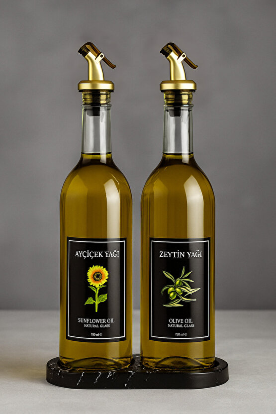 Mermer Desenli Akrilik Standlı 2li Yağ Şişesi 750 ml Zeytinyağ Sıvıyağ Şişesi Şeffaf Cam Yağdanlık