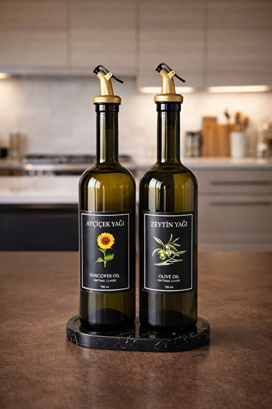 Mermer Desenli Akrilik Standlı 2li Yağ Şişesi 750 ml Zeytinyağ Sıvıyağ Şişesi Şeffaf Cam Yağdanlık