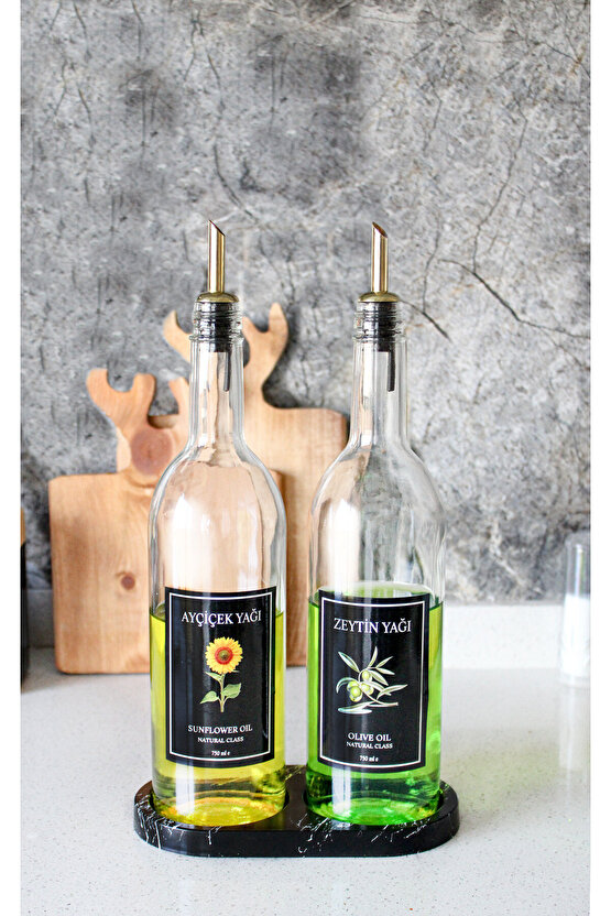 Mermer Desenli Stantlı Gold Kapaklı 2li Yağ Şişesi 750 ml  Zeytinyağ Sıvıyağ Şişesi Cam Yağdanlık