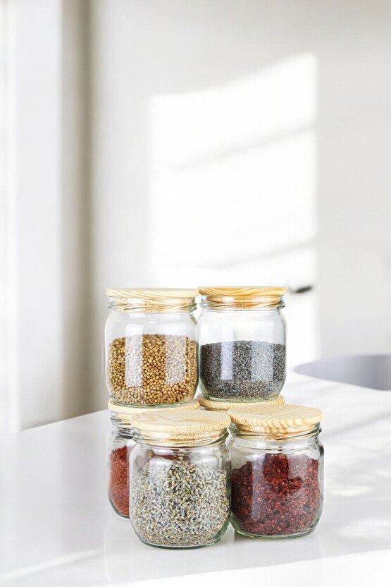 6lı Orta Boy Ahşap Vakum Kapaklı Çizgili Cam Saklama Kavanozu Baharat Seti (Etiket Hediyeli)