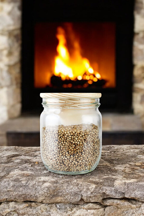 6lı Orta Boy Ahşap Vakum Kapaklı Çizgili Cam Saklama Kavanozu Baharat Seti (Etiket Hediyeli)