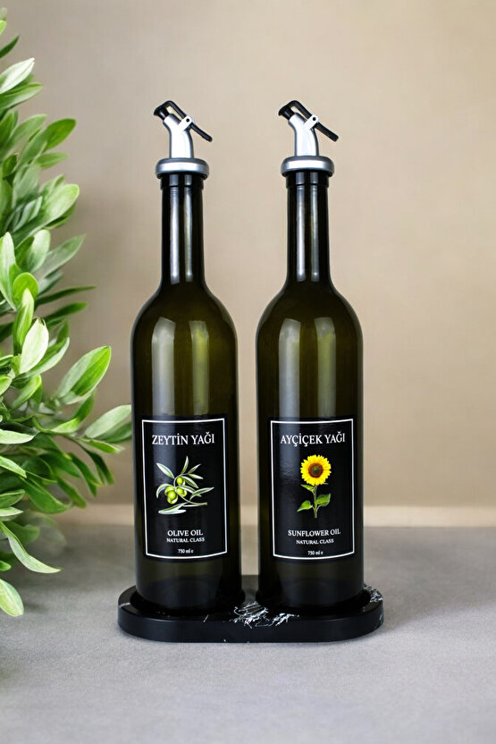 Mermer Desenli Akrilik Stantlı Amber 2li 750 ml Zeytinyağı Sıvıyağ Şişesi Yağdanlık Yağlık