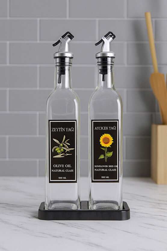 Siyah Stantlı Lux Kare Cam Yağdanlık 2li 500 ml