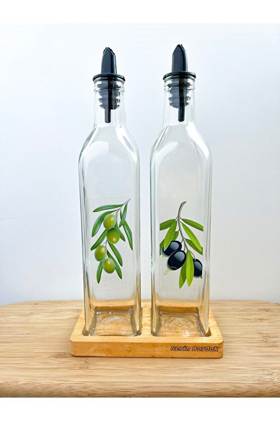 Ikili Ahşap Altlıklı Kare Cam Yağdanlık