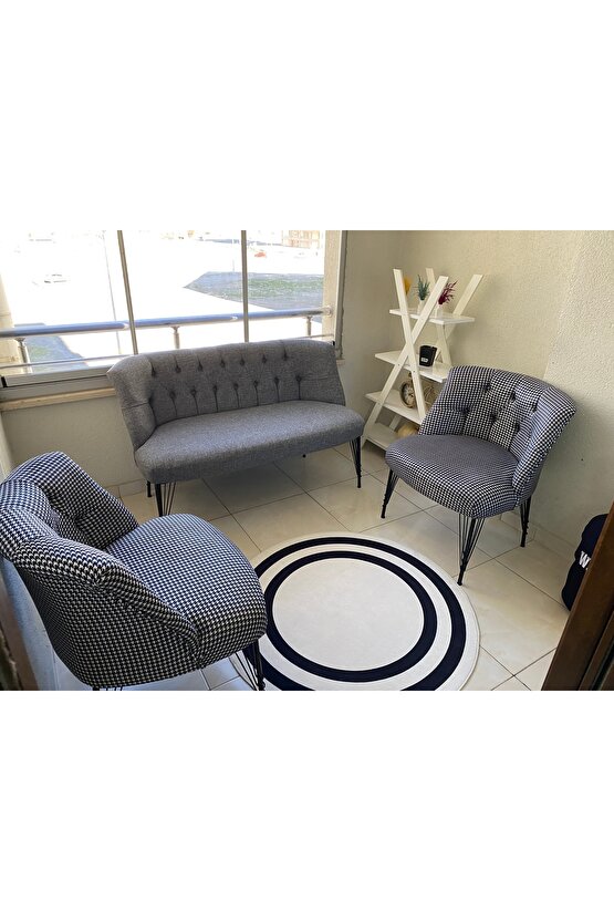 Nev elizzn garden çay seti koltuk kaz ayagı keten gri 2+1+1