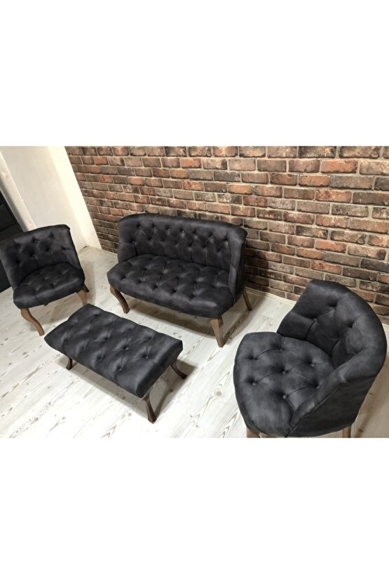Antrasit Gri Çay Seti Berjer Koltuk Takımı 2+1+1 Koltuk Ve Bench Bank