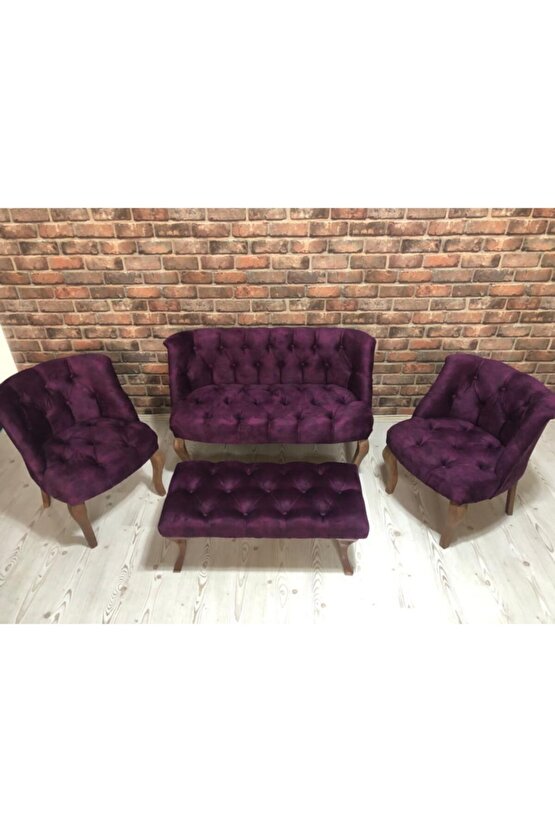 Mürdüm Mor Çay Seti Berjer Koltuk Takımı 2+1+1 Koltuk Ve Bench Bank