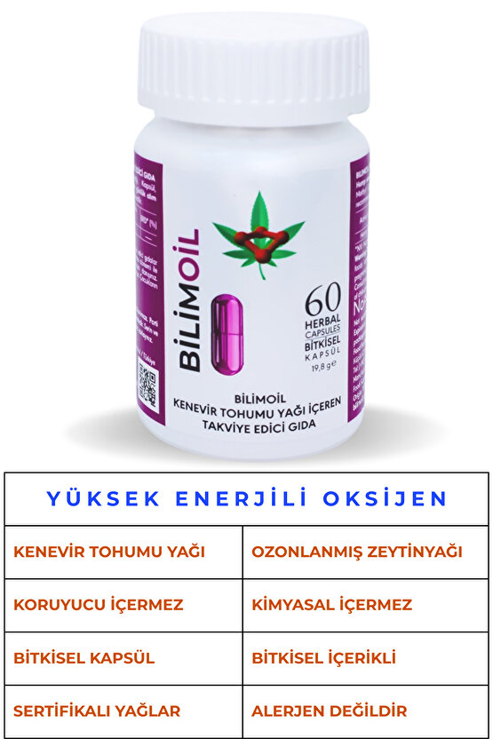 Yüksek enerjili oksijen ile kenevir tohum yağı ve zeytinyağı içeren takviye edici gıda 60 kapsül