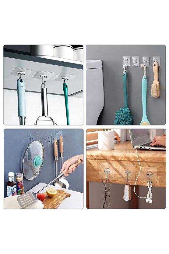 10Lu Paket- Pratik Çok Amaçlı Güçlü Şeffaf Duvar Askısı Yapışkan 304 Çelik Kancalı Mutfak Banyo Askı