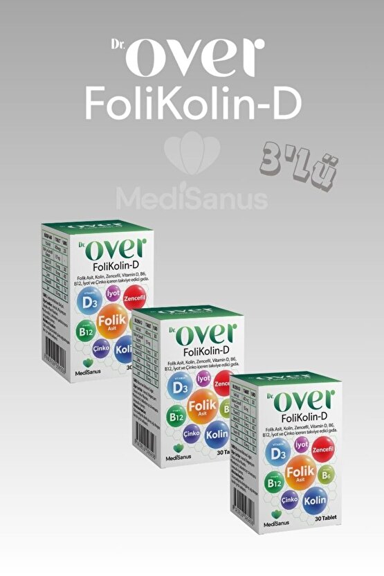 Folikolin D, Folik Asit, Kolin, Zencefil, Vitamin D B6 B12, Iyot Ve Çinko, 30 Tablet 3 Kutu