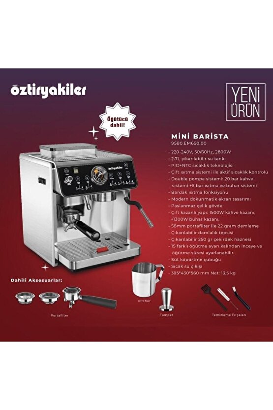 Öztiryakiler Mini Barista Espresso Kahve Makinesi 2800 W Kahve Değirmeni Dahil 2,7 Lt Su Tankı