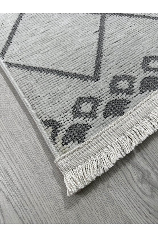 Modern İskandinav Desenli Yıkanabilir Kaymaz Dokuma Taban Şönil Halı Açık Gri