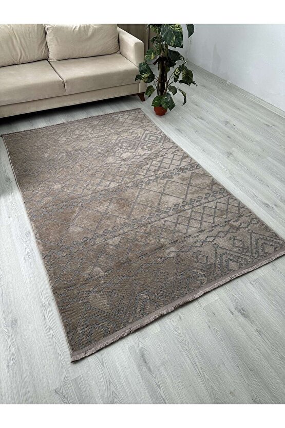 Modern İskandinav Desenli Yıkanabilir Kaymaz Dokuma Taban Şönil Halı Vizon