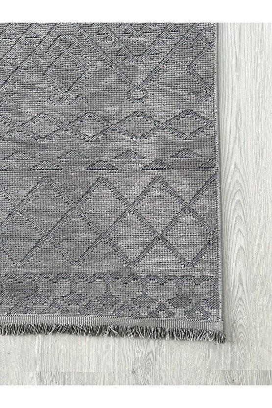Modern İskandinav Desenli Yıkanabilir Kaymaz Dokuma Taban Şönil Halı Kapalı Gri