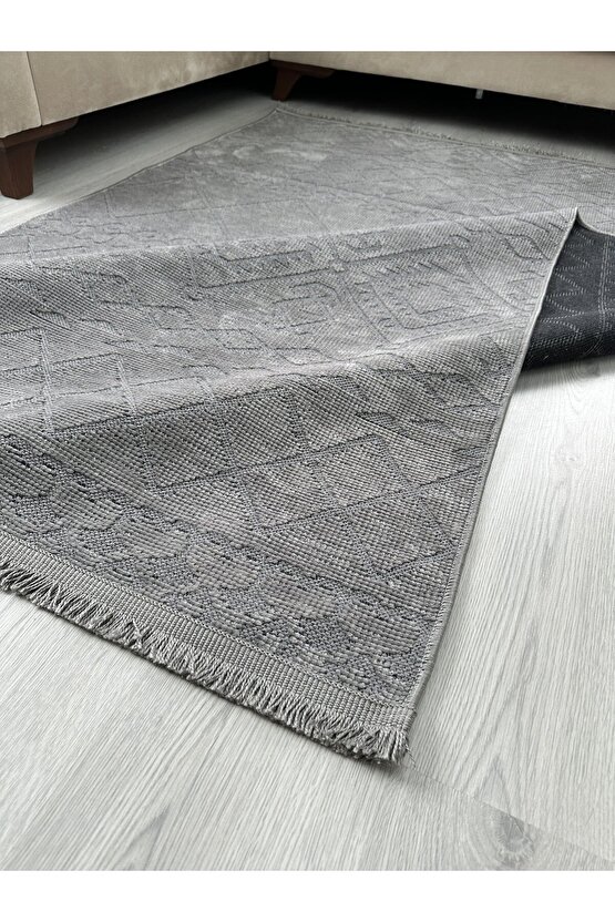 Modern İskandinav Desenli Yıkanabilir Kaymaz Dokuma Taban Şönil Halı Kapalı Gri