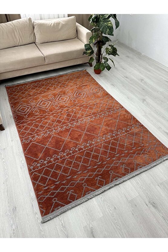 Modern İskandinav Desenli Yıkanabilir Kaymaz Dokuma Taban Şönil Halı Kiremit