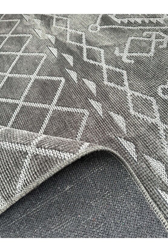 Modern İskandinav Desenli Yıkanabilir Kaymaz Dokuma Taban Şönil Halı Antrasit