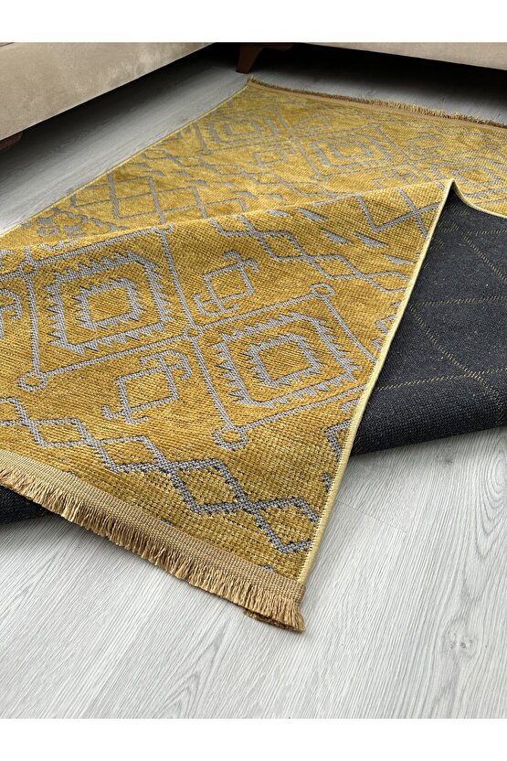 Modern İskandinav Desenli Yıkanabilir Kaymaz Dokuma Taban Şönil Halı Hardal
