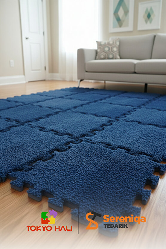 Lacivert Peluş Puzzle Halı, Kendi Tasarımını Oluştur, Yapboz Halı, Peluş Halı