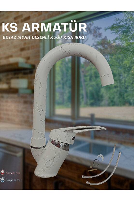 Kuğ Beyaz Siyah Mutfak&Lavabo Batarya Uzun Boru