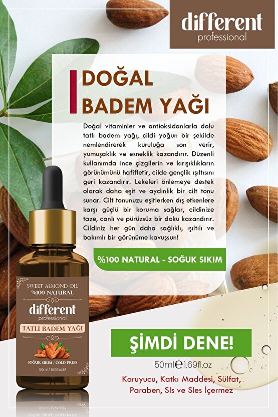 Tatlı Doğal Badem Yağı Saf Soğuk Pres 50 ml