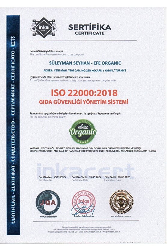 Efe Organic 36 Litre (18*2) Teneke