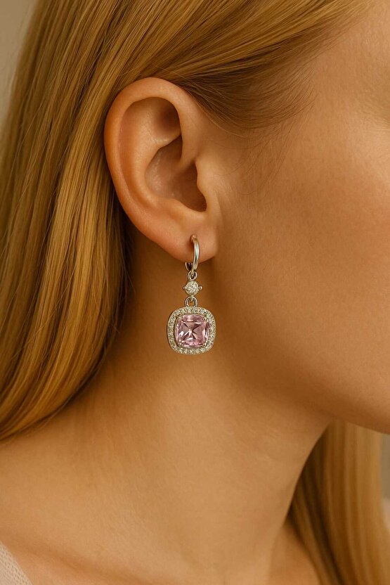 Pembe Baget Zirkon Taşlı Sallantılı Küpe