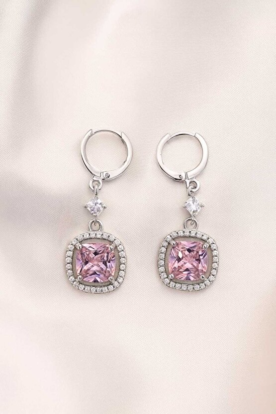 Pembe Baget Zirkon Taşlı Sallantılı Küpe