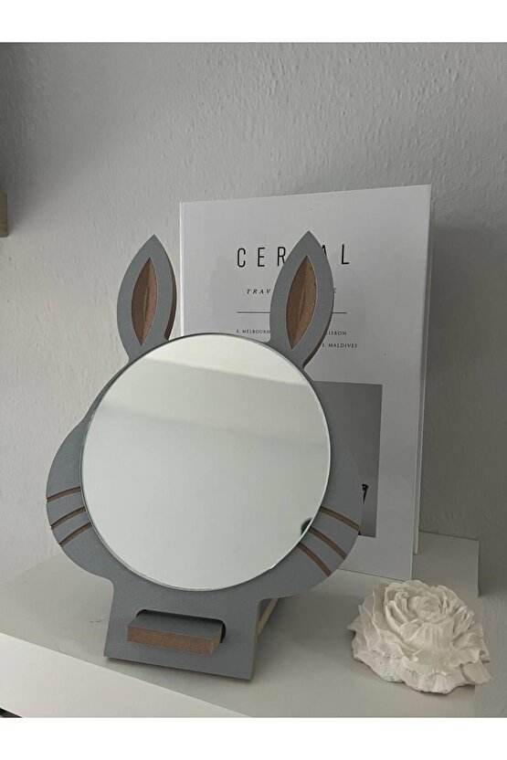 Masaüstü Gri Renk Hediyelik Dekoratif Makyaj Aynasi,tavşan Kulaklı,sevimli Ayna, Çocuk Ve Genç Ayna,