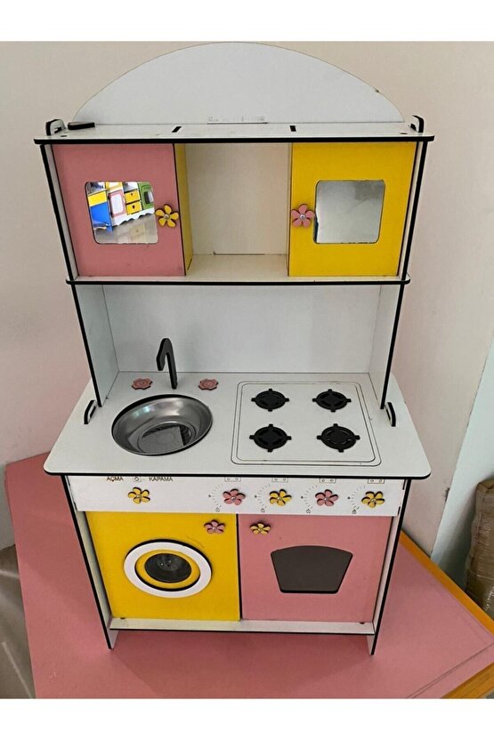 Büyük Boy Ahşap Oyuncak Mutfak Seti,eğitici Montessori Mutfak Oyuncak Seti Çamaşır Makinalı-sarı