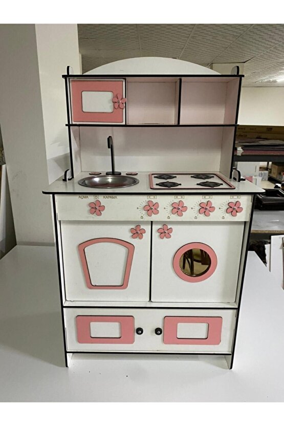 Dekoratif Doğal Ahşap Eğitici Kız Çocuk Mutfak Dolabı Seti Pembe-beyaz 91x59