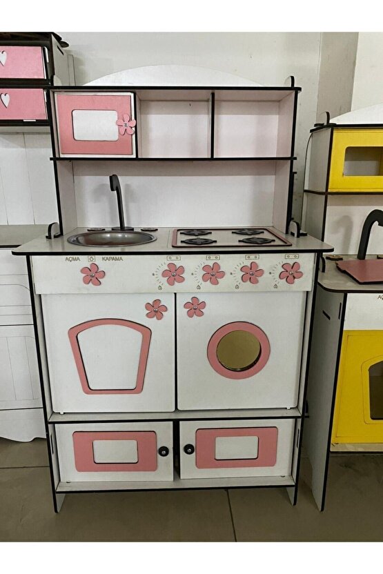 Dekoratif Doğal Ahşap Eğitici Kız Çocuk Mutfak Dolabı Seti Pembe-beyaz 91x59
