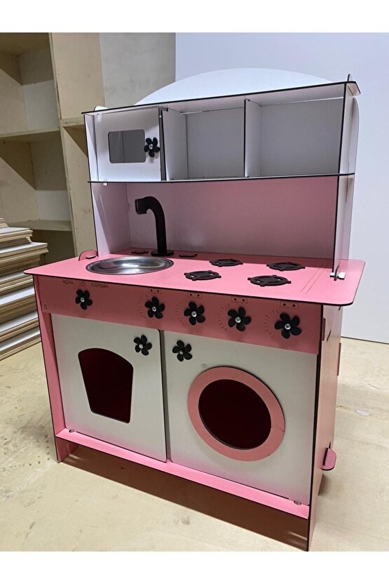 Montessori Eğitici Ahşap Oyuncak Mutfak Dolabı Pembe Beyaz 3mm
