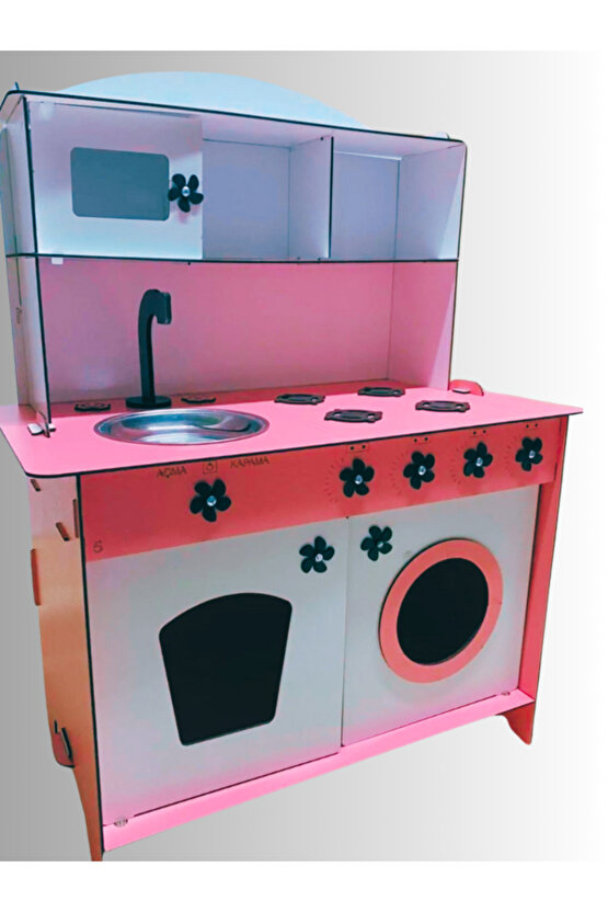 Montessori Eğitici Ahşap Çocuk Oyuncak Mutfak Dolabı Pembe-beyaz 3 Mm 84x60 Cm