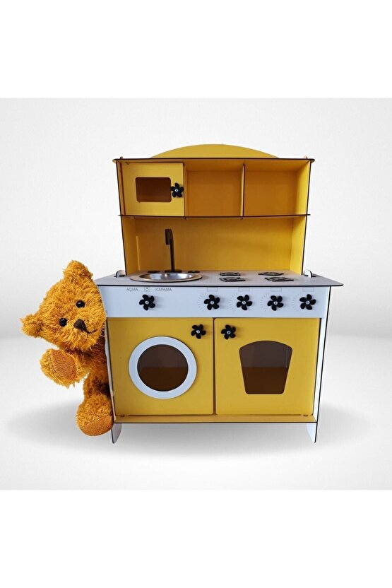 Montessori Eğitici Ahşap Çocuk Oyuncak Mutfak Dolabı Sarı 3 Mm 84x60 Cm