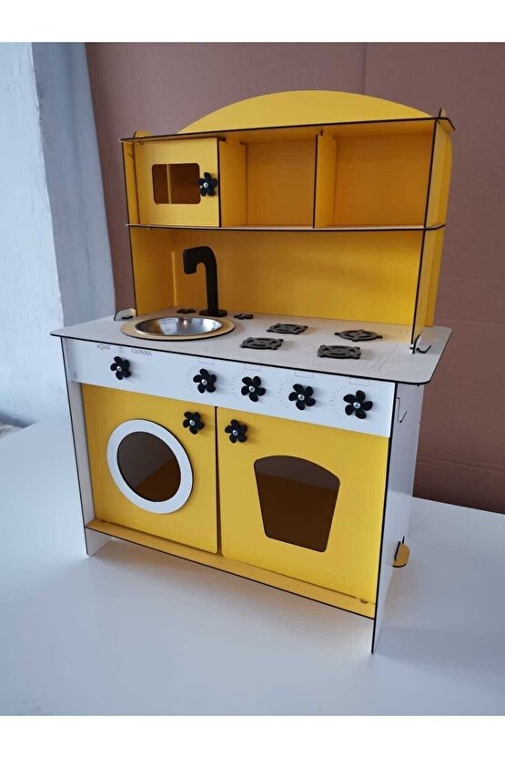 Montessori Eğitici Ahşap Çocuk Oyuncak Mutfak Dolabı Sarı 3 Mm 84x60 Cm