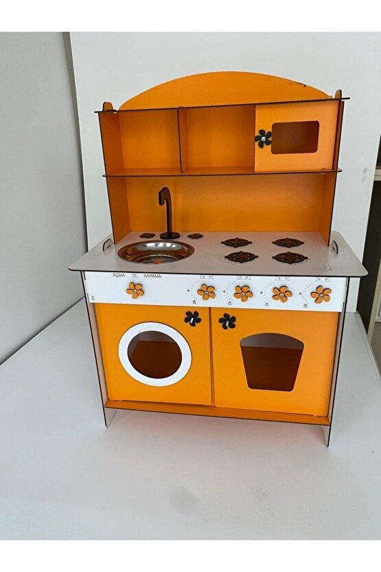 Montessori Eğitici Ahşap Çocuk Oyuncak Mutfak - Turuncu Renk - 3 Mm 84x60 Cm